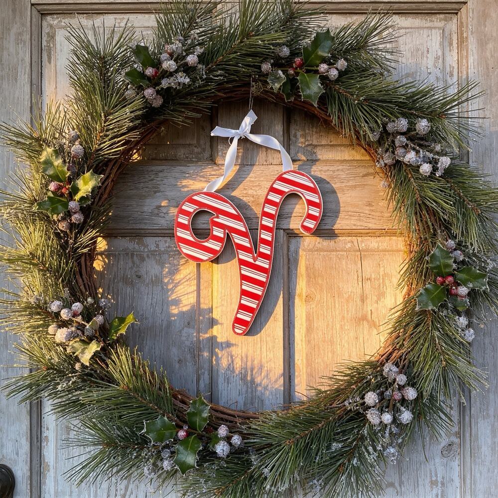 Holiday Style Christmas Candy Cane Stripe “V” Monogram Ornament